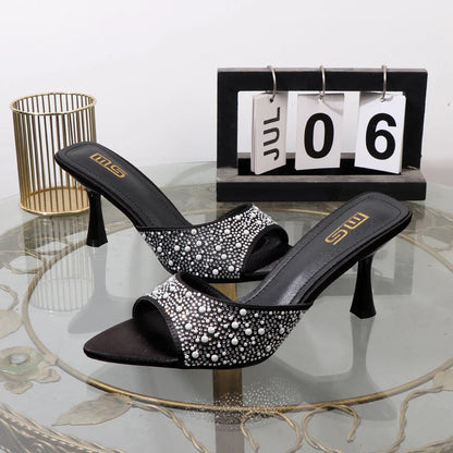 High heeled fishmouth slippers with rhinestones for summer