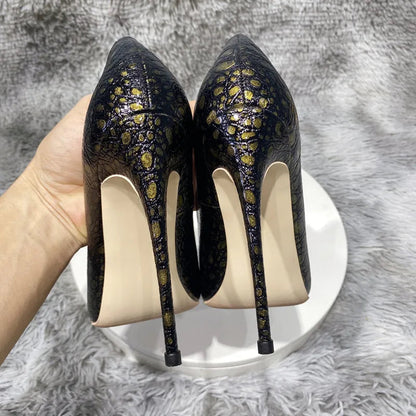Bronze Black Crocodile Effect Women Sexy High Heel Shoes - 8cm, 10cm, 12cm