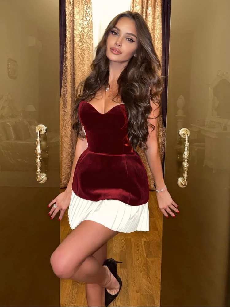 Strapless Sweetheart Neck Velvet Peplum Accordion Pleat Mini Dress