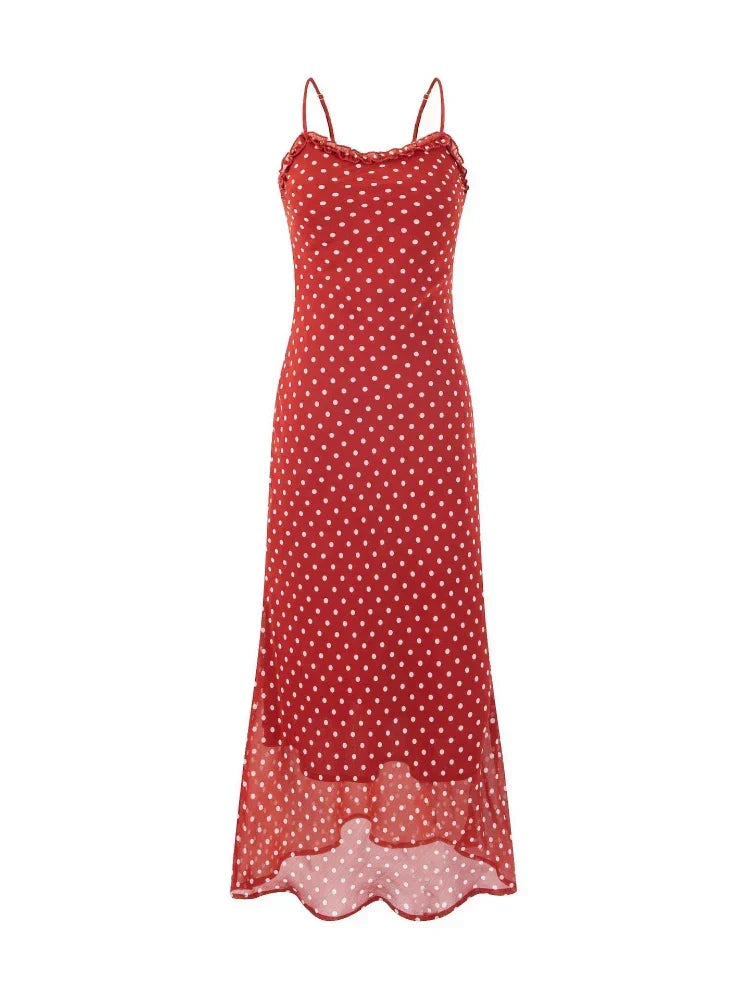Polka Dot Spaghetti Strap Scoop Neck Ruffle Trim Midi Dress