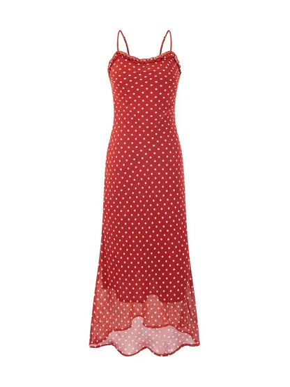 Polka Dot Spaghetti Strap Scoop Neck Ruffle Trim Midi Dress