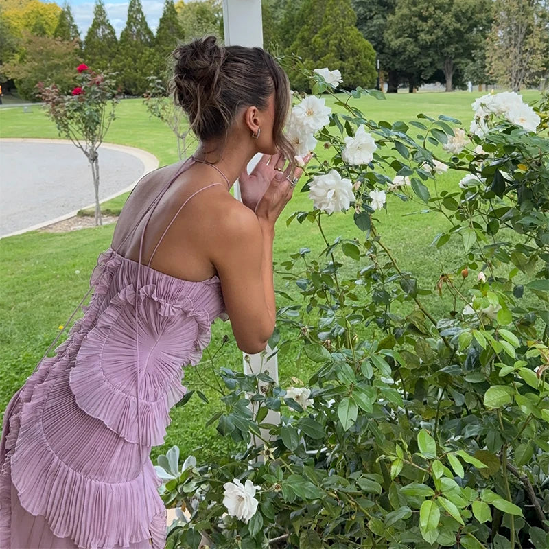 Pleated Halter Lotus Floral Dress