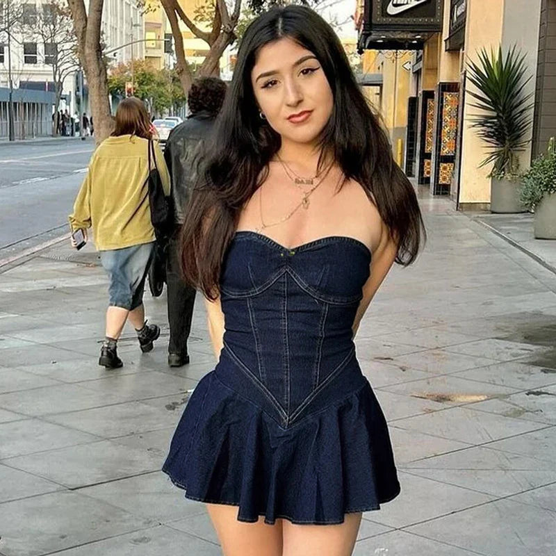 Denim Strapless A Line Mini Dress