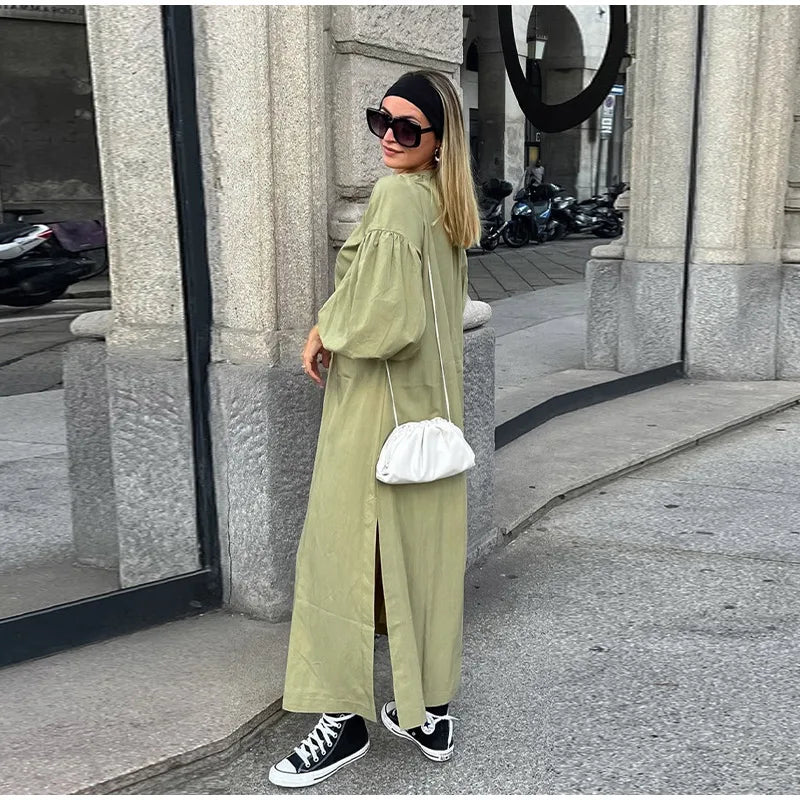 Lace Up V-Neck Balloon Sleeve Side Slit Maxi Dress