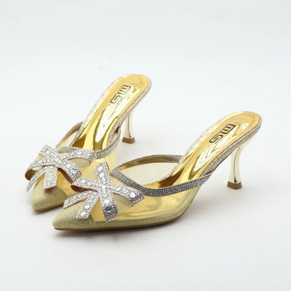 Golden summer pointed shallow bow high heeled sandals