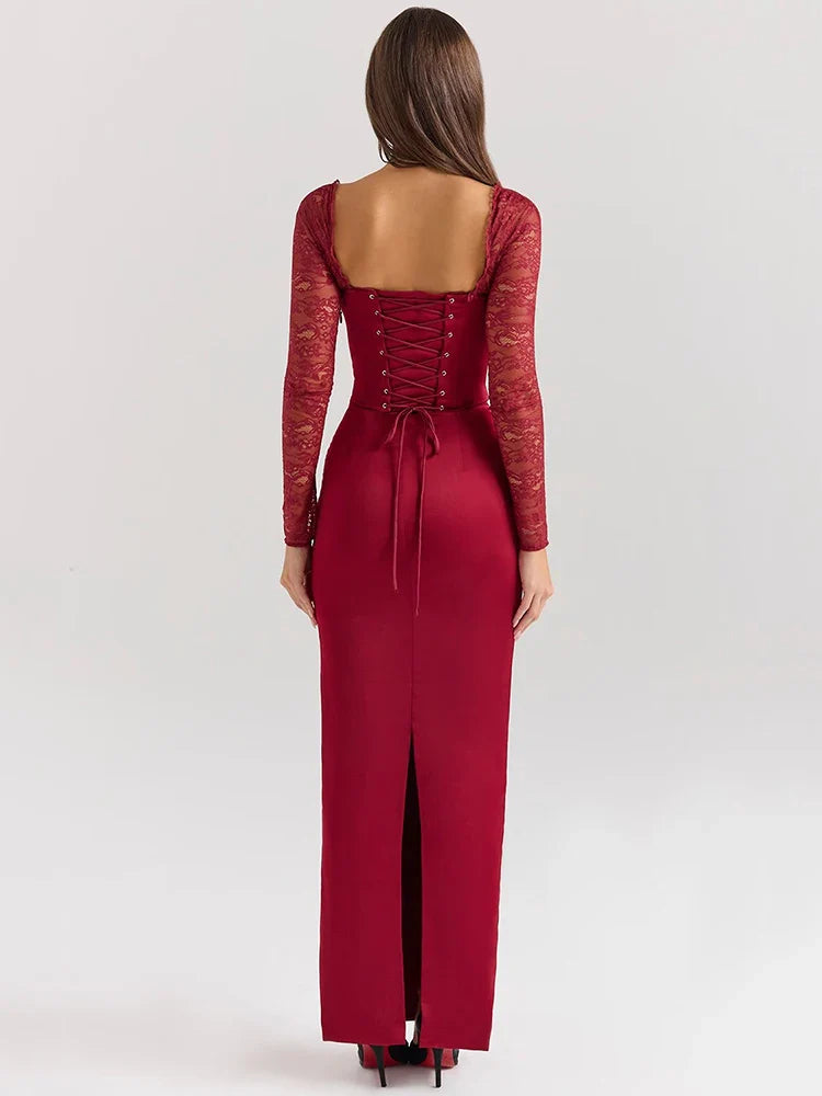 Lace-up Split Square Long Bodycon Dress