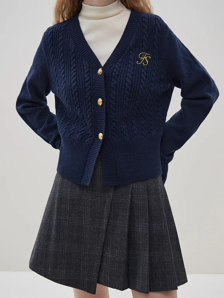 Embroidered Cable V-neck Knit Cardigan