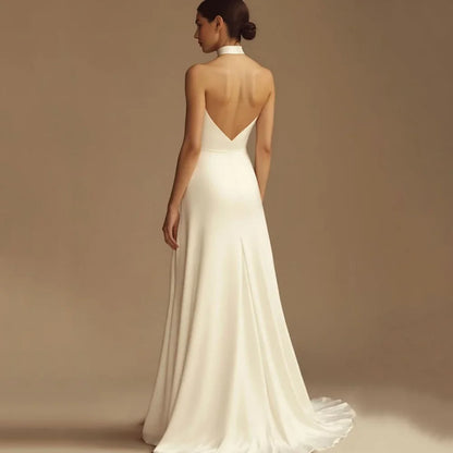 A Line Backless Simple Halter Prom Dress