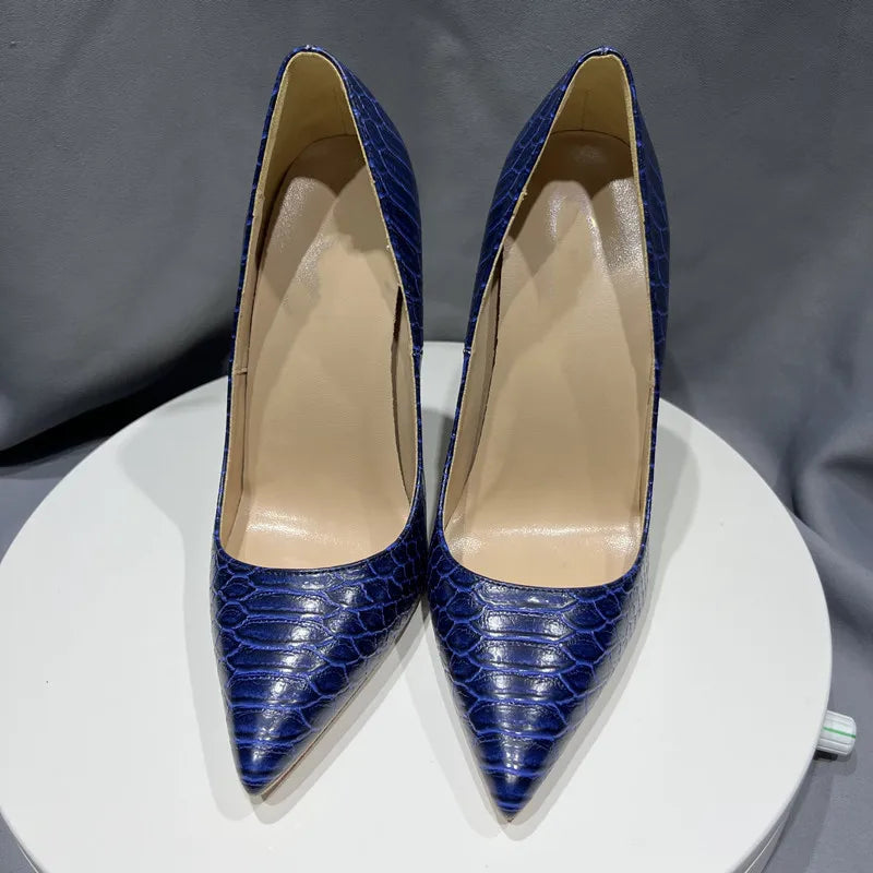 Navy Blue Croc-Effect Pointed Toe High Heel Shoes for Women