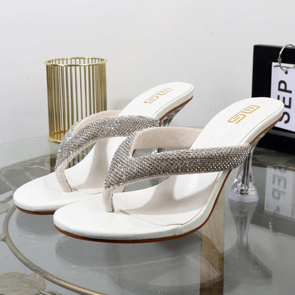 Autumn flip flops with transparent high heels and rhinestone embellishments for women's outdoor wear.