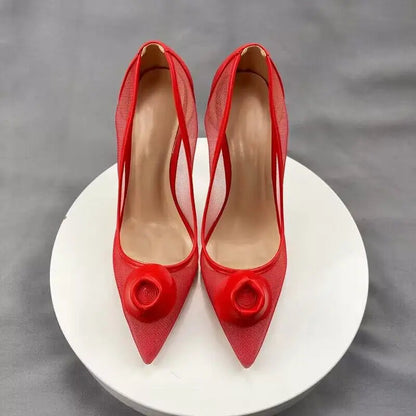Red Matte Women Summer Gauze Pointy Toe High Heel Shoes