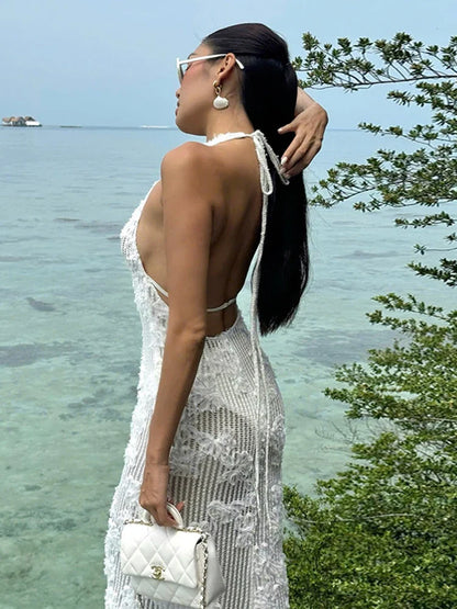 Backless Ruched Halter Ruffle Maxi Dress