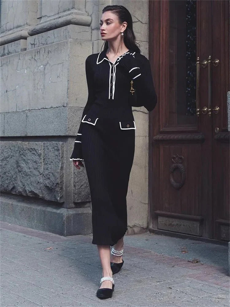 Ribbed Knit Polo Collar Bell Cuff Faux Pocket Mini Dress