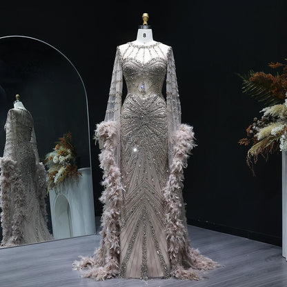 Beaded Mermaid Evening Dress with Feather Cape Sleeves