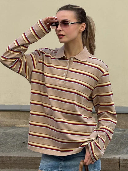 Spring Summer New Women's Retro Striped Polo Collar Oversized Long Sleeve T - Shirt Trendy Casual Loose Basic Top