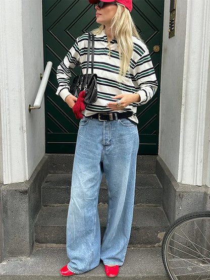 Fashion Stripe Women's T-shirt Casual Short Sleeve Female All Match Polo Shirts Summer New Ladies Loose Tops High Street