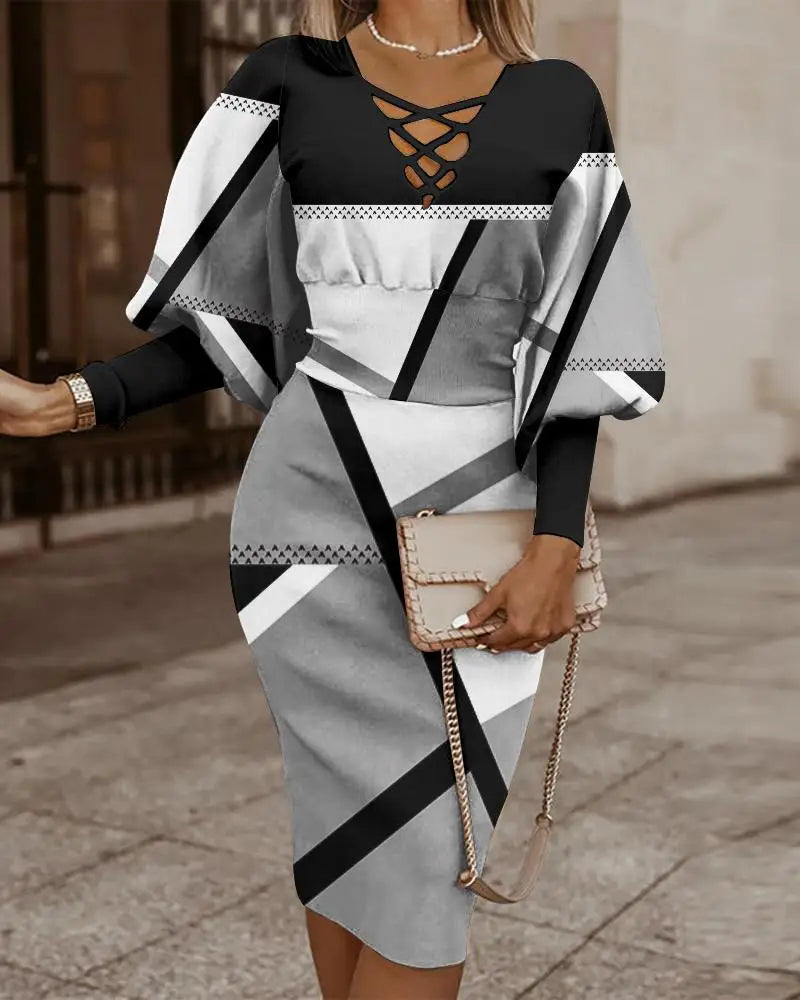 Geometric Print Lace-Up V-Neck Lantern Sleeve Ribbed Cuff Bodycon Midi Dress