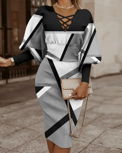 Geometric Print Lace-Up V-Neck Lantern Sleeve Ribbed Cuff Bodycon Midi Dress