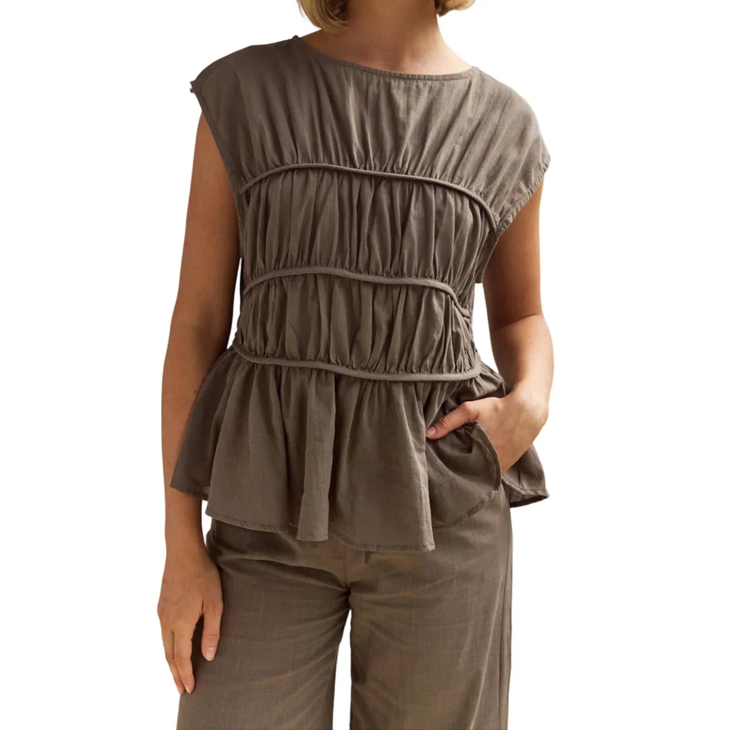 | Ruched Cap Sleeve Peplum Top