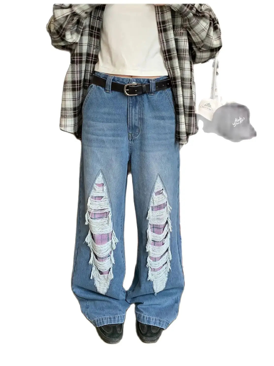 Jeans With Contrasting Plaid Holes And Splicing High-Waisted Women'S Summer American High Street Loose Slimming Wide-Leg Pants