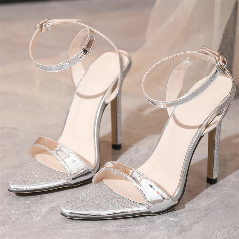 Elegant Silver Crystal Pointed Toe Rhinestone High Heels with Ankle Strap for Women