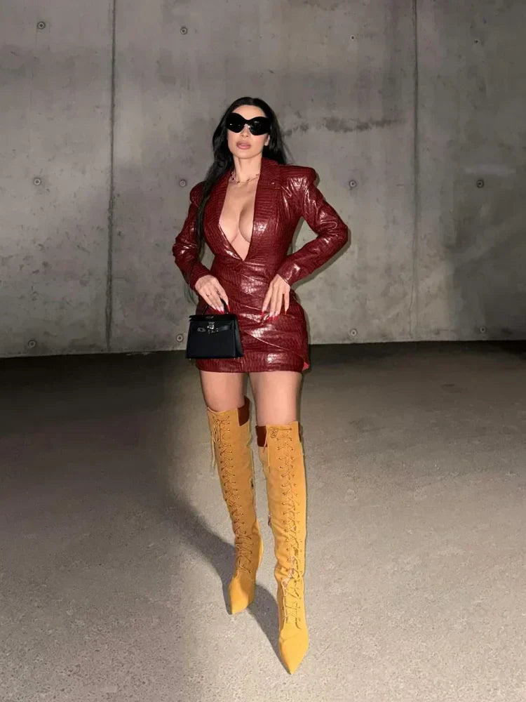 Plunging V-Neck Crocodile Embossed Long Sleeve Wrap Asymmetrical Mini Dress
