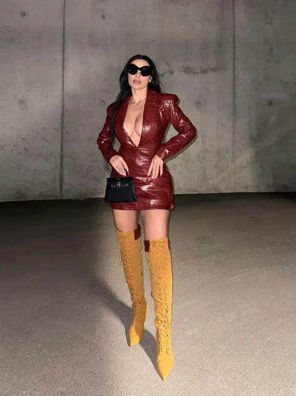 Plunging V-Neck Crocodile Embossed Long Sleeve Wrap Asymmetrical Mini Dress