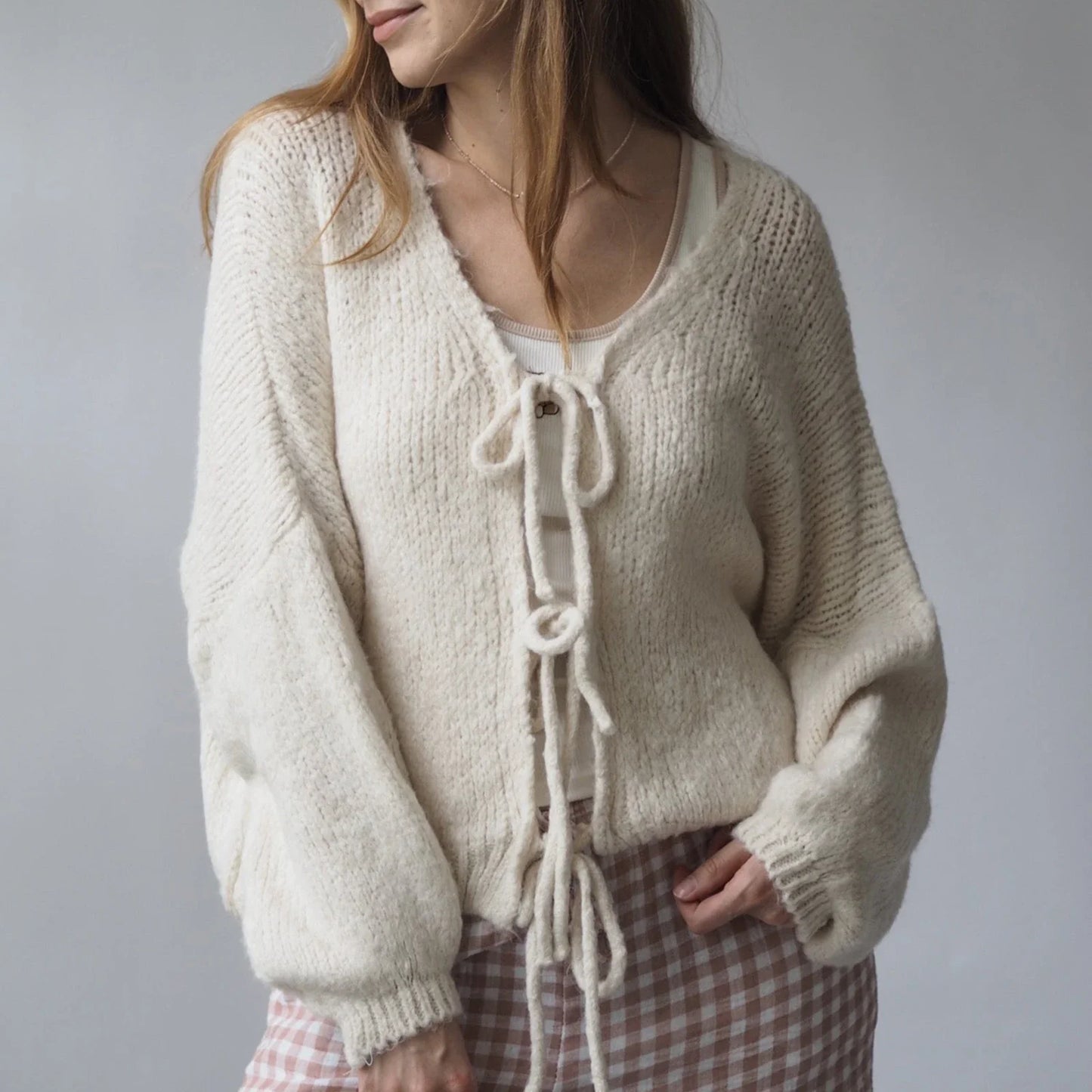 Tie-up V-neck Solid Loose Knit Cardigan