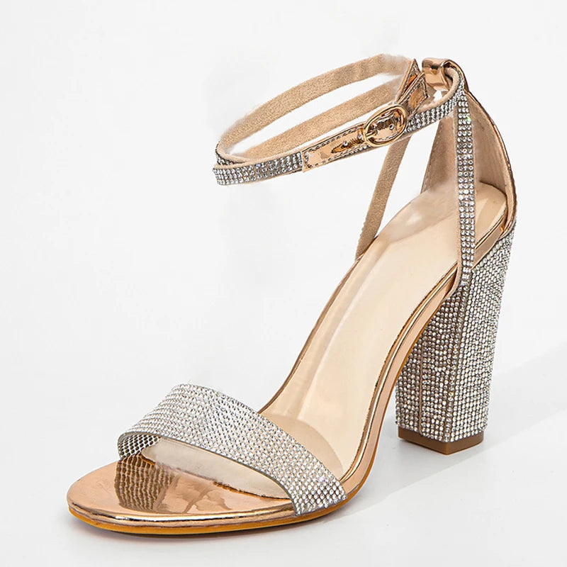 Glitter Rhinestones Square High Heels Sandals with Crystal Ankle Strap for Women