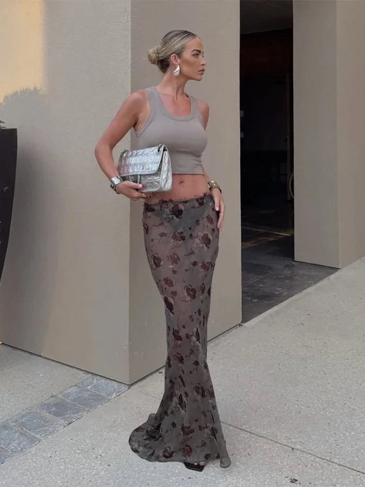 Flower Print See Through Long Skirt