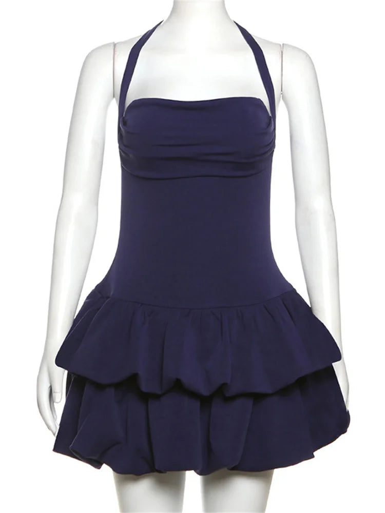 Halter Neck Square Neck Tiered Bubble Hem Mini Dress