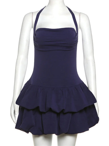 Halter Neck Square Neck Tiered Bubble Hem Mini Dress