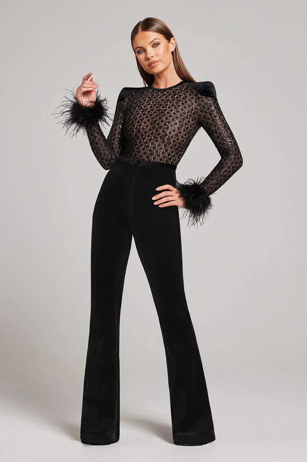 | Velvet Flared Jumpsuit with Feather Cuffs and Sheer Bodice