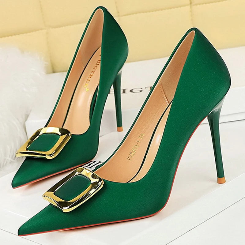 Metal Buckle High Heels Women Shoes Silks Satins Pointed Toe