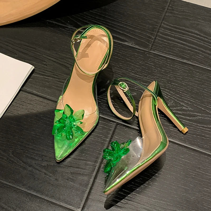 Crystal Flower Women Pumps with Sexy Pointed Toe and Green High Heels