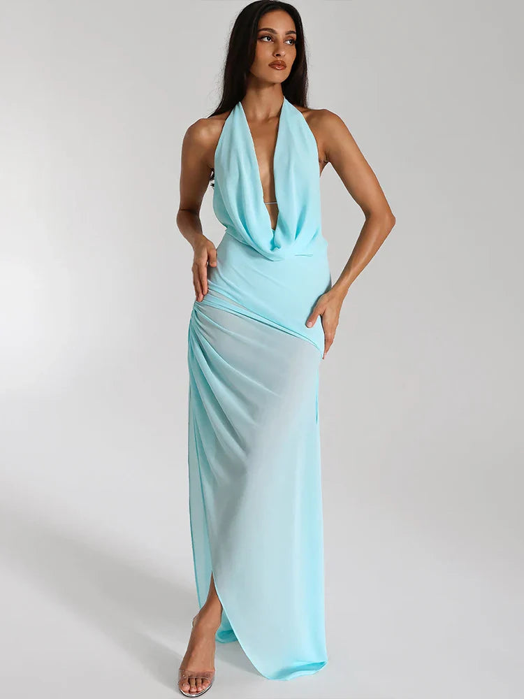 Ribbon Knot Backless Halter Party Dress