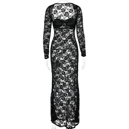 Perspective Lace Hollow Out Bodycon Maxi Dress