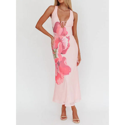 Lace-up Tie-dye Mesh Long Vacation Dress