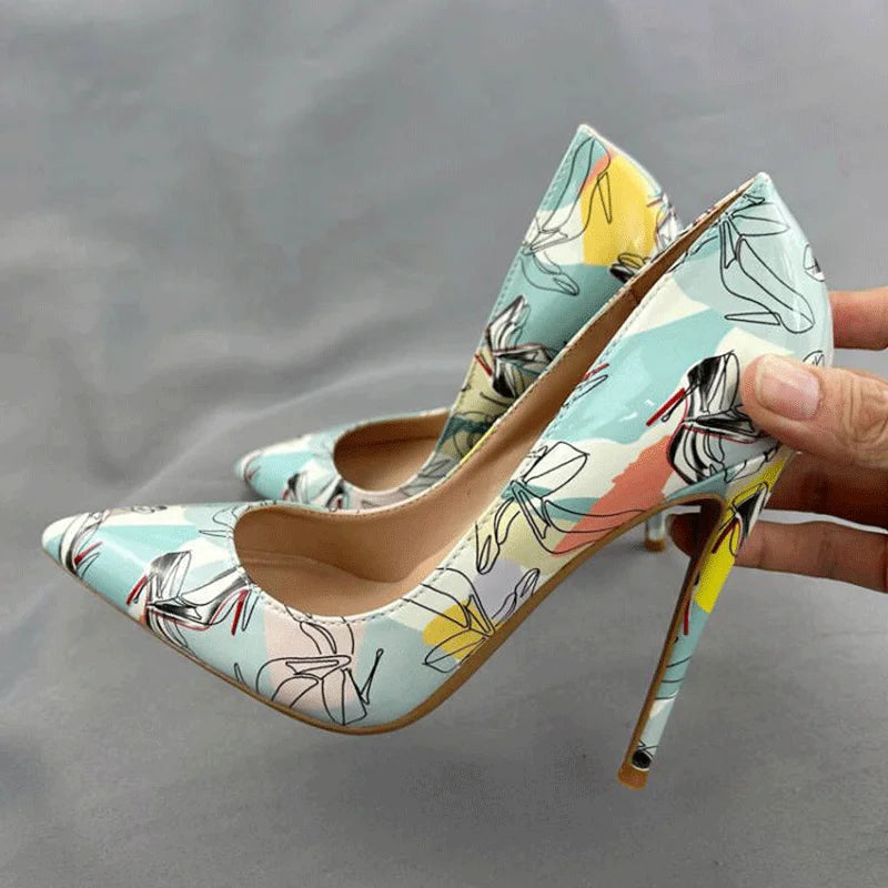 Light Green Print Women Pointy Toe High Heel Shoes