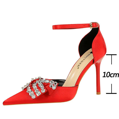 Summer High Heels 10 Cm Rhinestone Bow Women's Pumps with Hollow Out Design