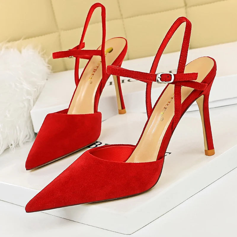 Suede Women Sandals Pointed Toe High Heels Summer Hollow Out