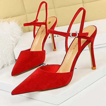 Suede Women Sandals Pointed Toe High Heels Summer Hollow Out