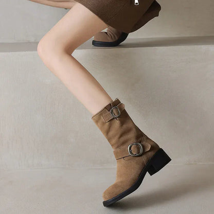 | Suede Buckle Boots in Black