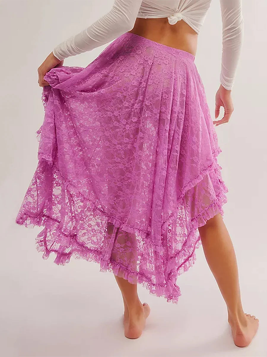 Lace Elastic Irregular Midi Skirt