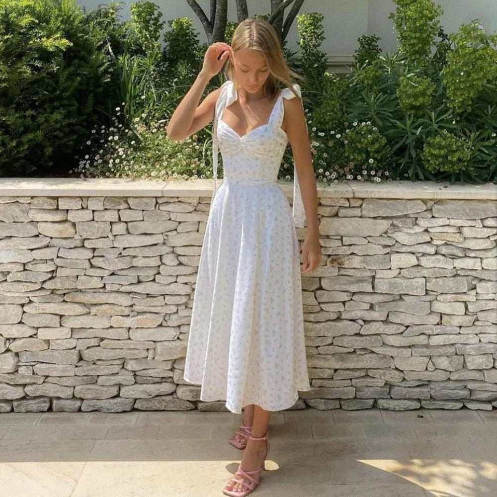 Ditsy Floral Sweetheart Bow Strap Ruched Bodice High Slit Midi Dress
