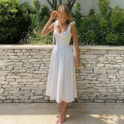 Ditsy Floral Sweetheart Bow Strap Ruched Bodice High Slit Midi Dress