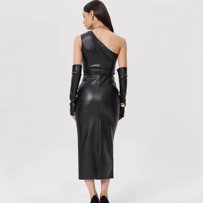Off-Shoulder Strapless Faux Leather Patchwork Dress