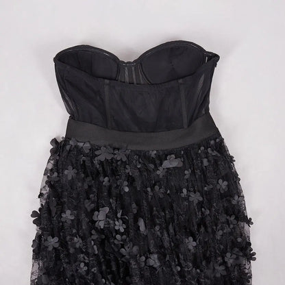 3D Flower Splicing Lace Strapless Puff Dress