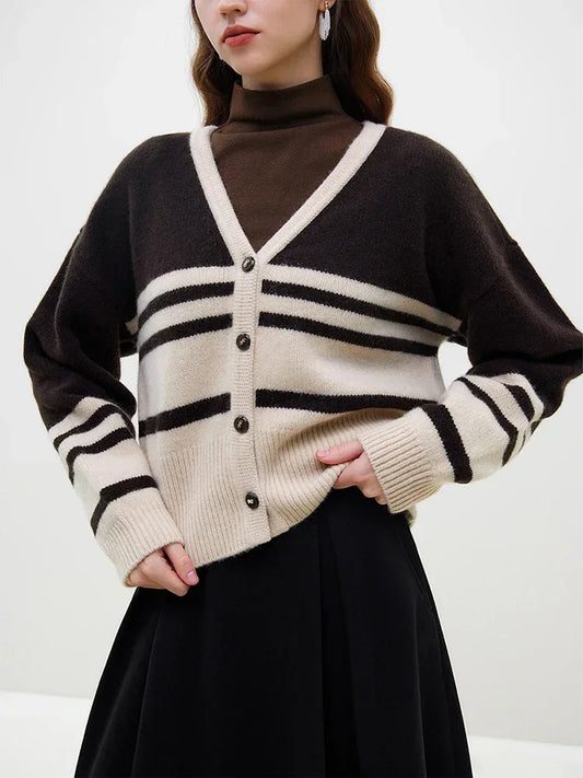 Wool Pink Stripe V-neck Short Cardigan