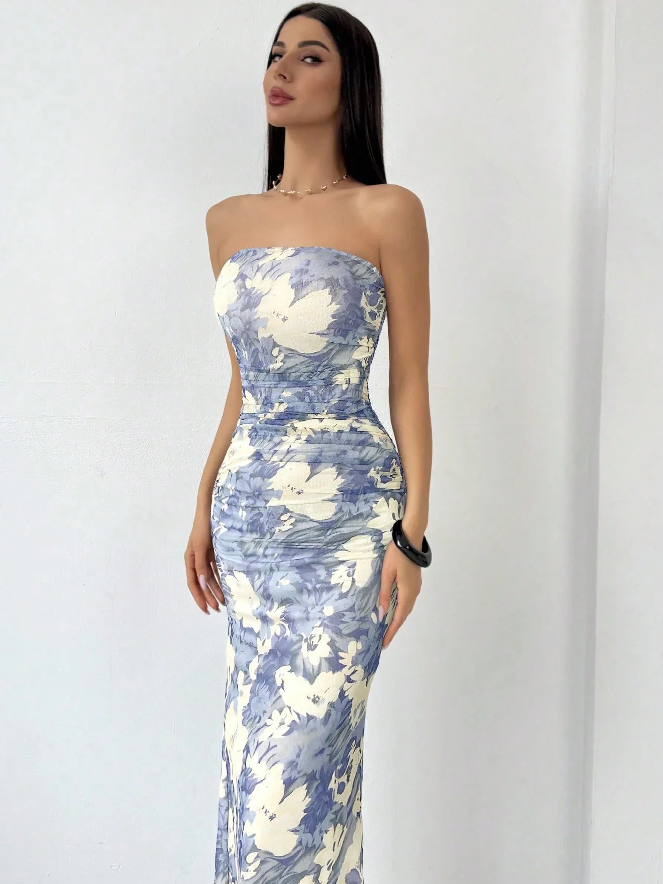 Strapless Blue Slim Fit Floral Dress